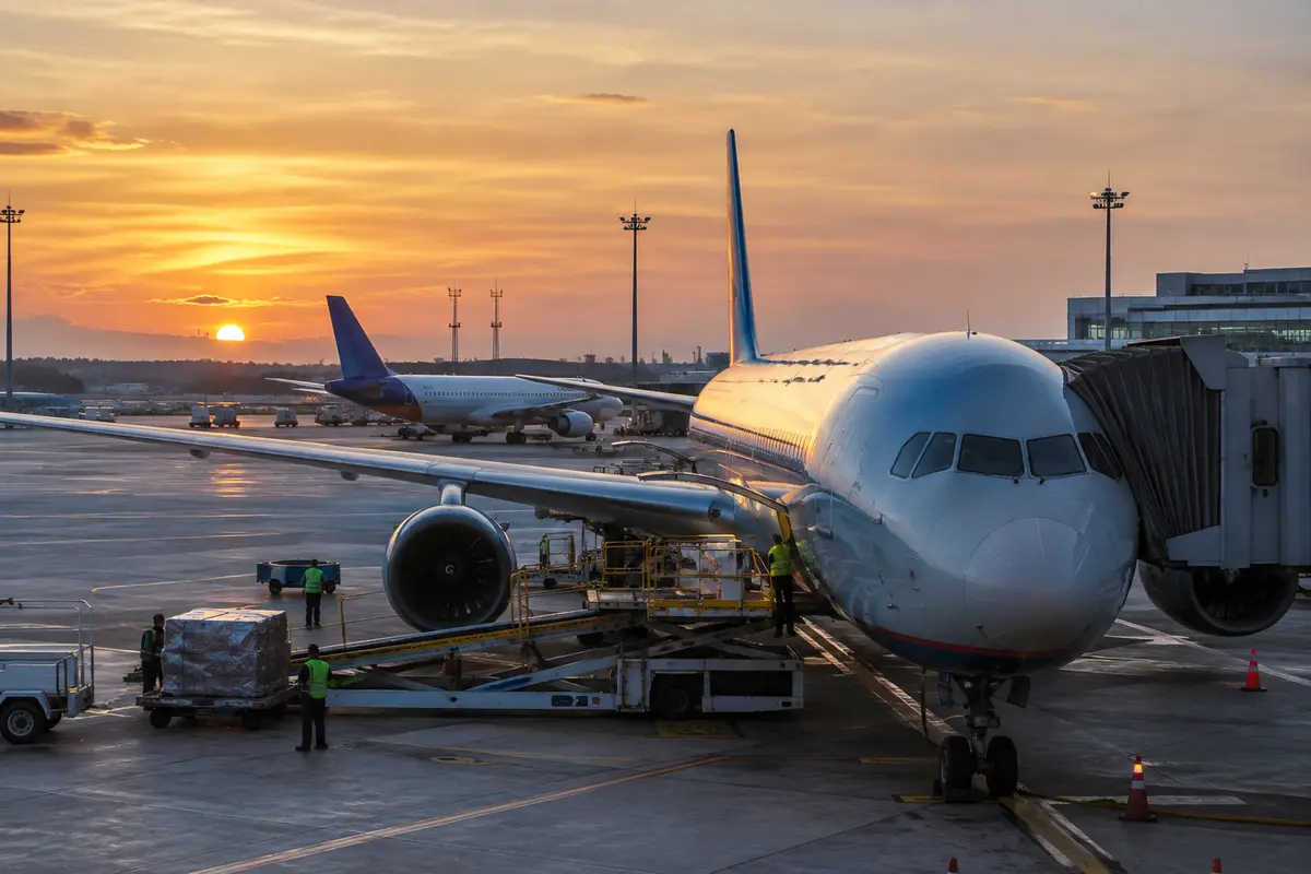 Passenger aircraft at an international terminal