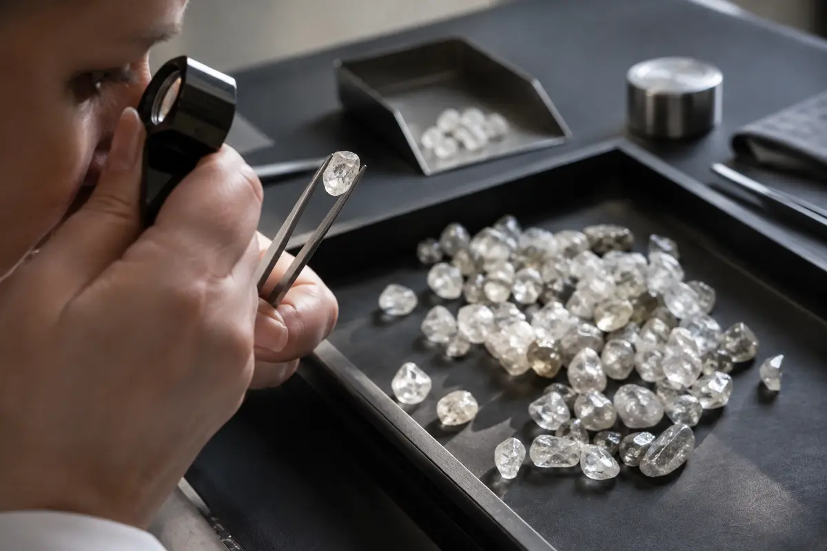 Diamonds under inspection on a sorting tray