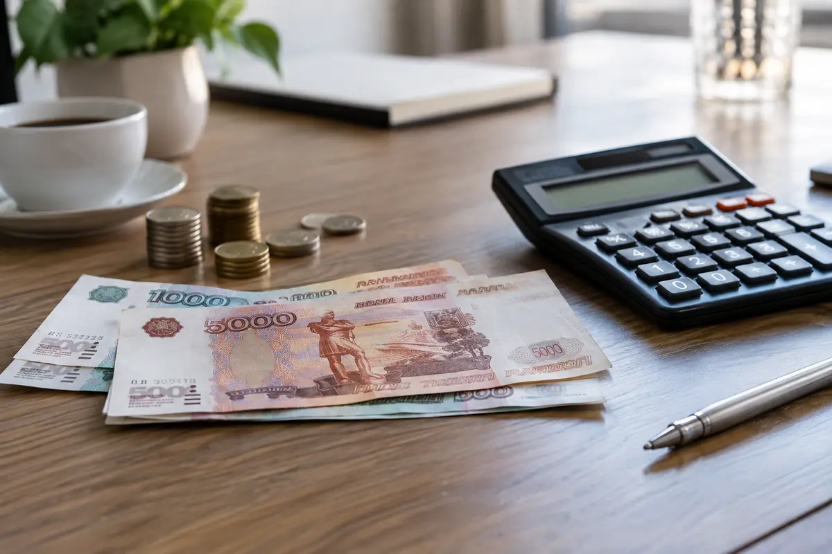 Russian ruble banknotes beside a calculator