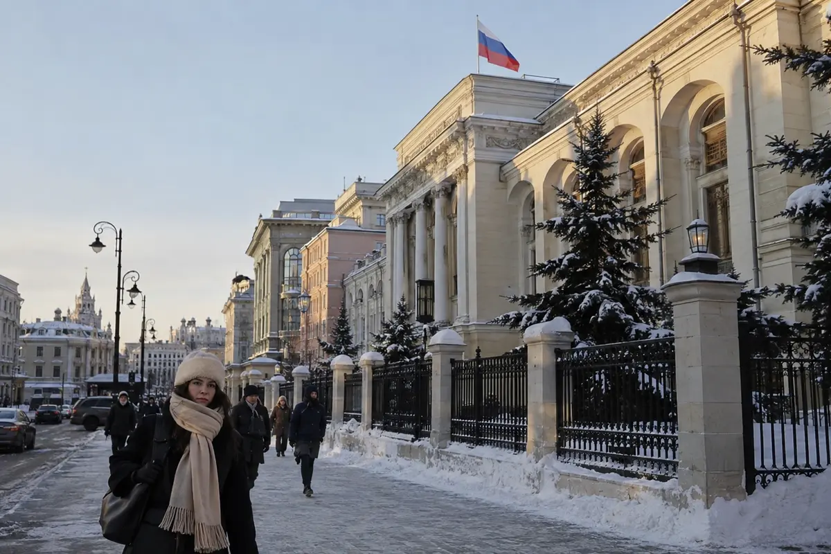 Winter street outside a Russian bank