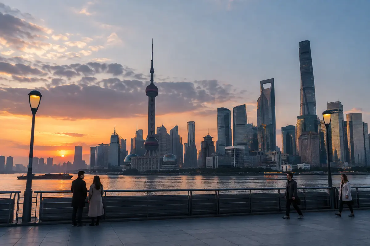 Shanghai commercial towers in evening light