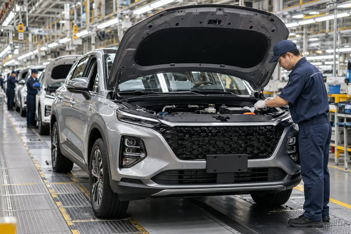 Passenger car on an automotive assembly line