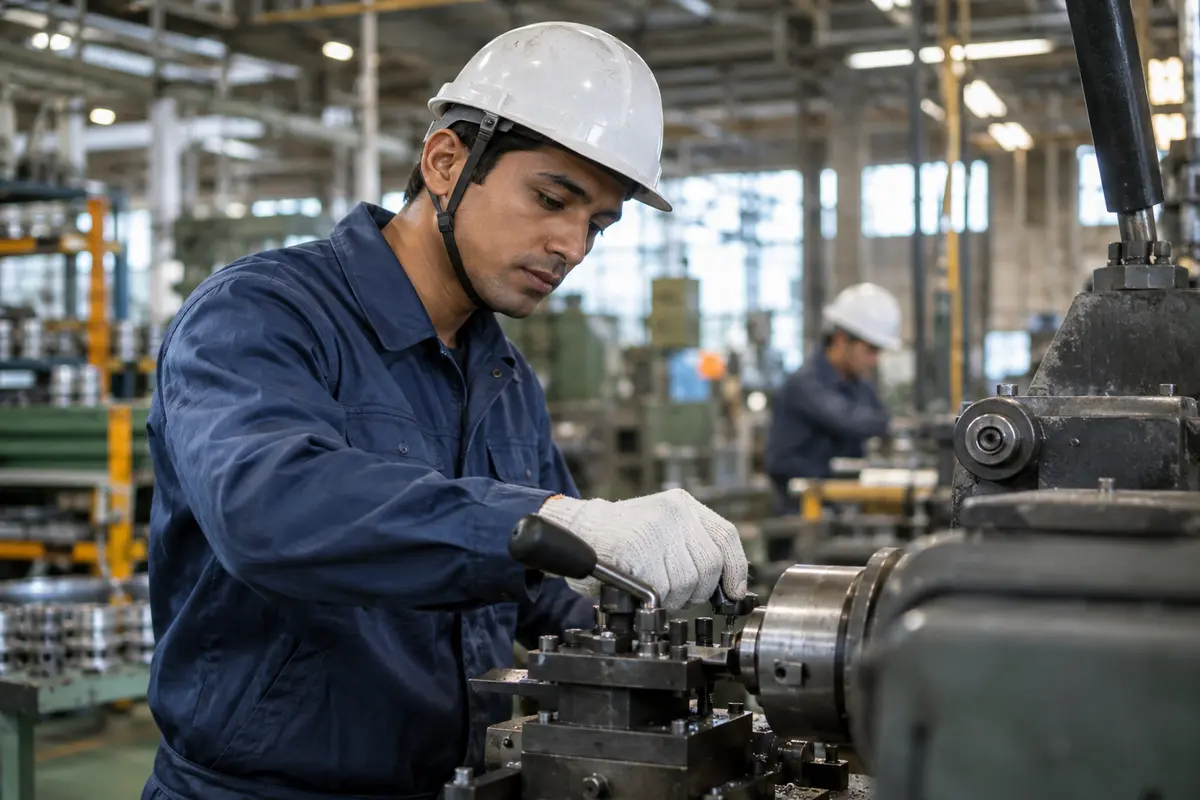 Factory worker operating machinery in Japan