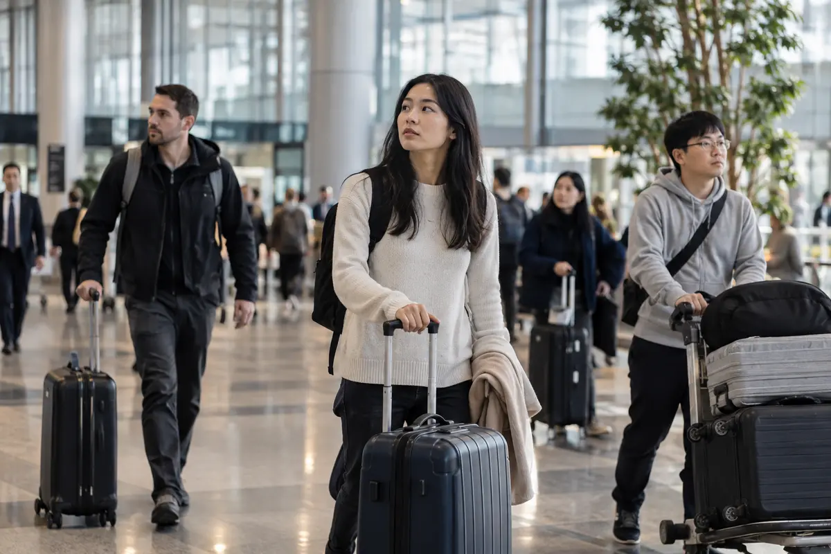 Travellers in a Japanese airport arrivals hall