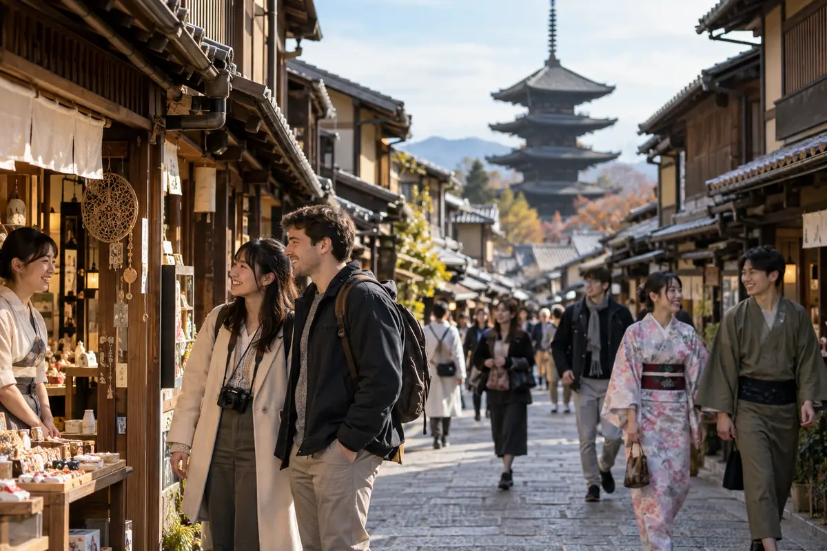 Visitors exploring a traditional Japanese shopping street