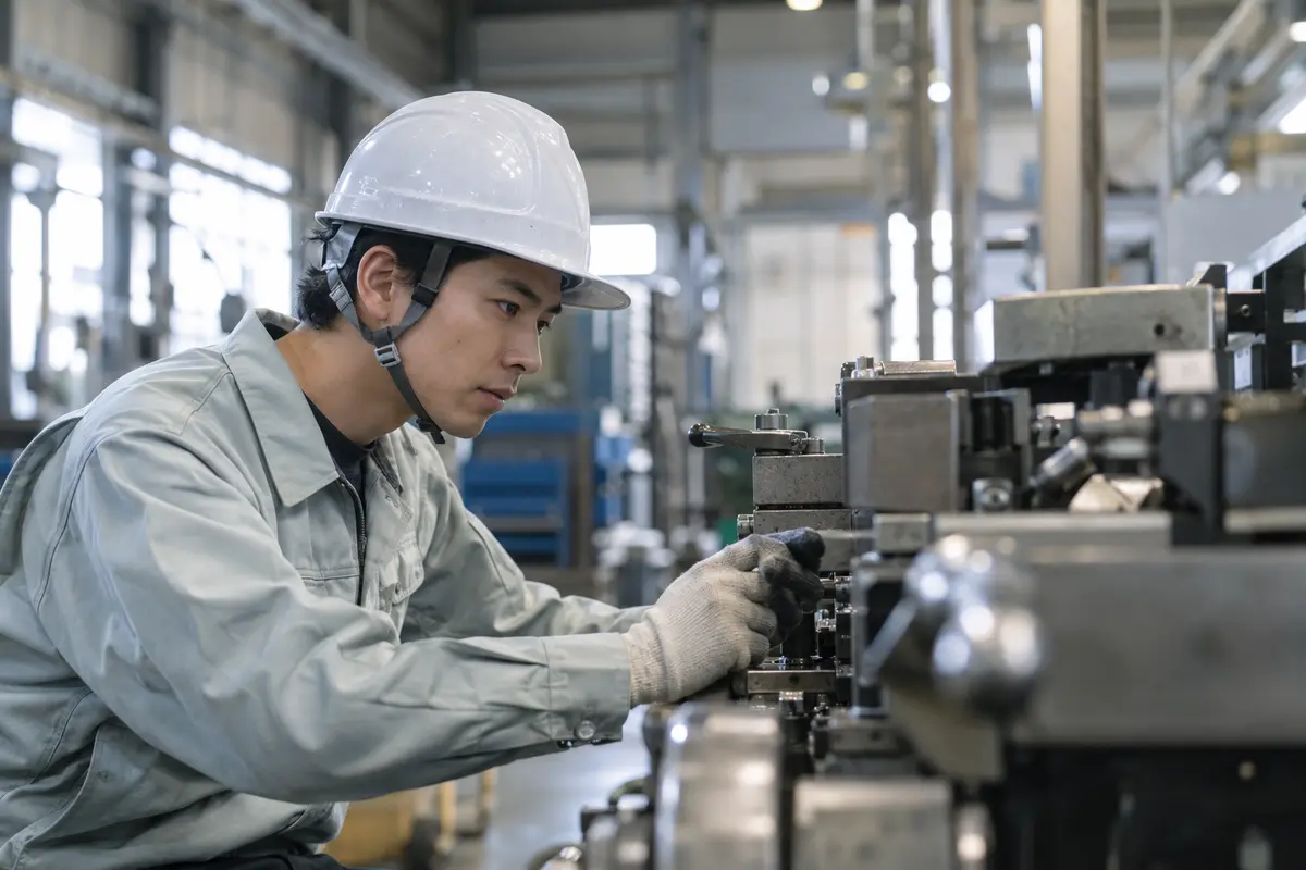 Japanese factory technician inspecting a machine