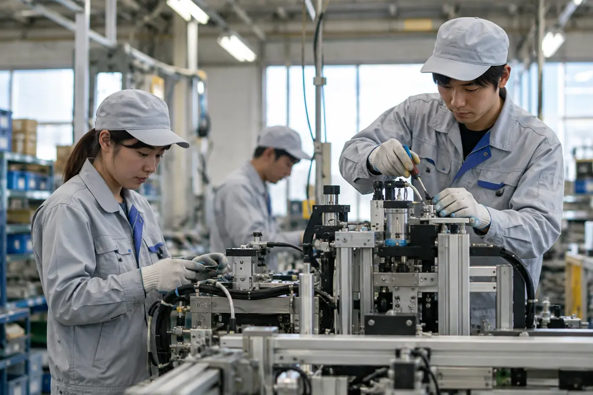 Workers assembling equipment in a Japanese factory