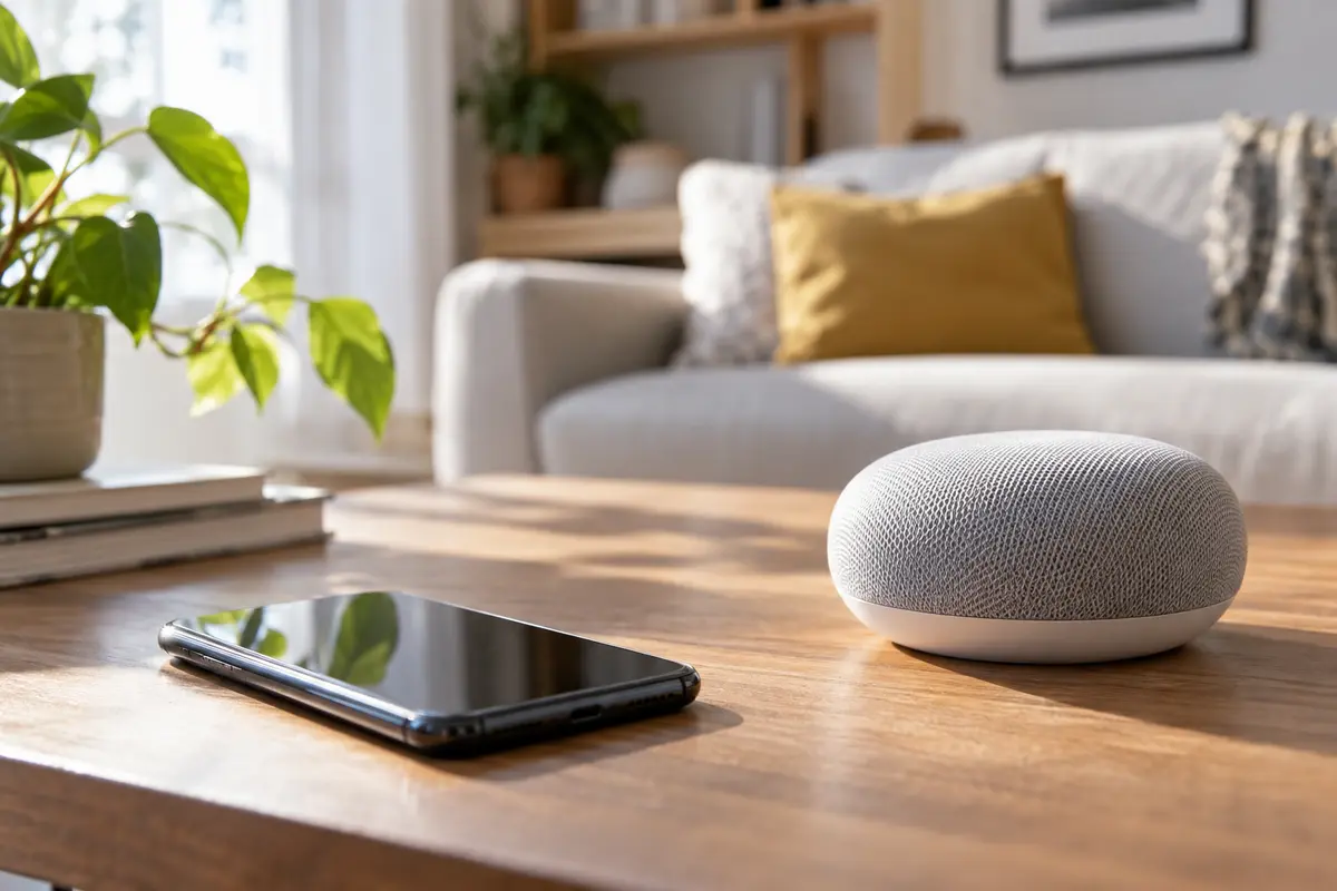 Mobile phone beside a home smart speaker