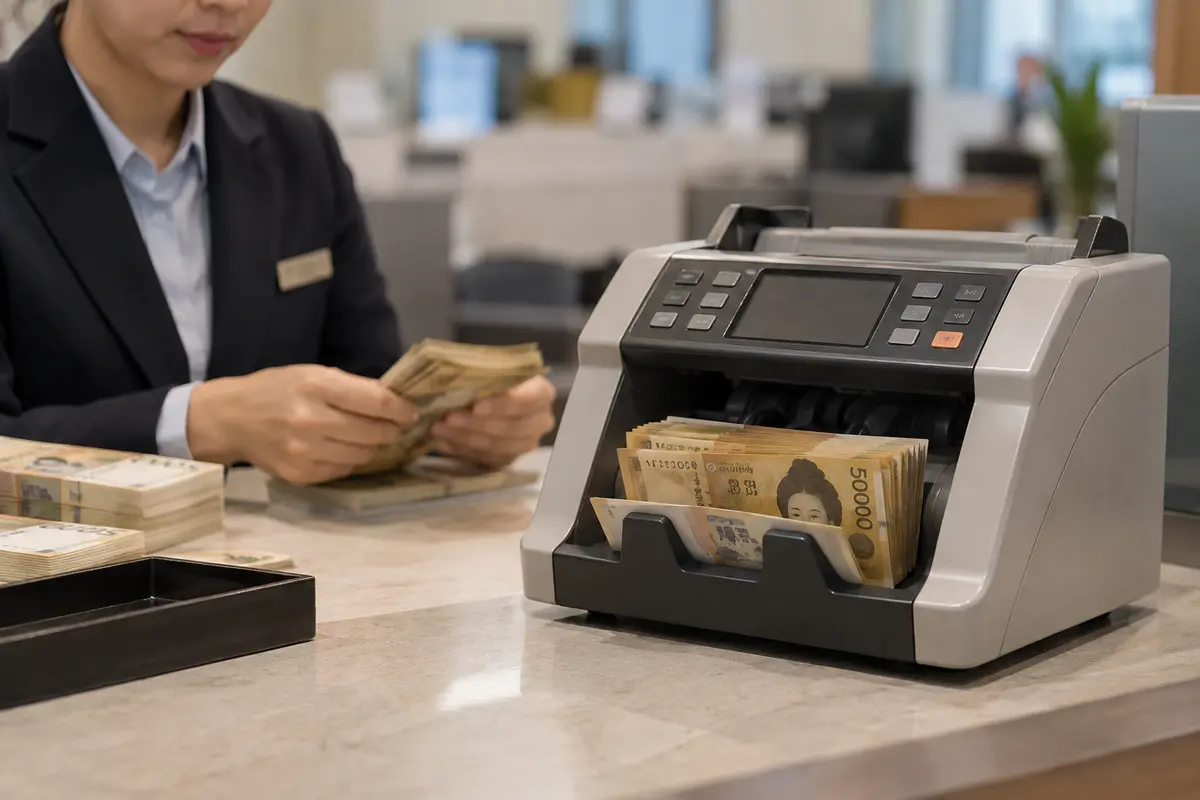 Banknote counting machine at a bank counter