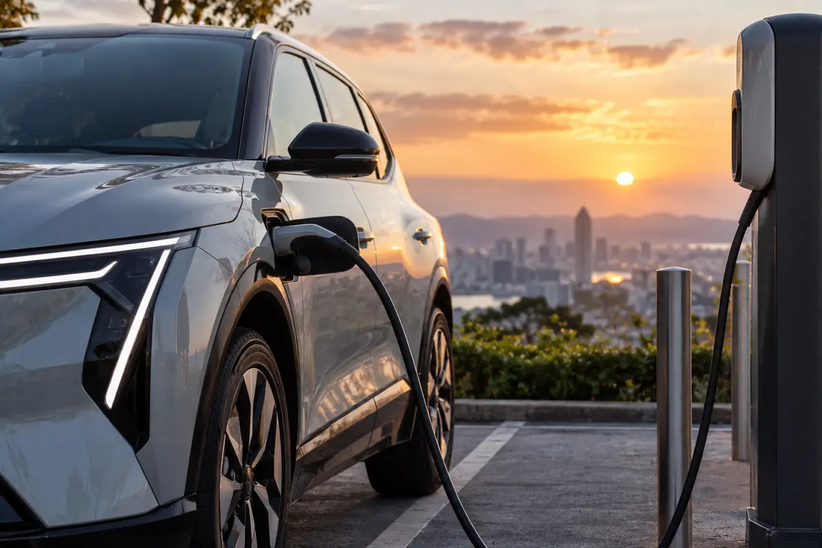 Electric vehicle plugged into a charging station