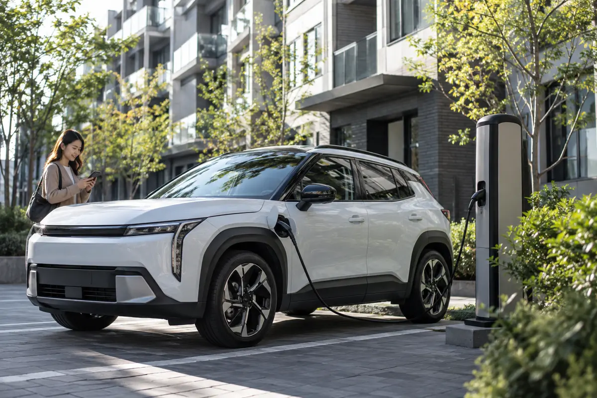 Electric car charging beside an apartment building