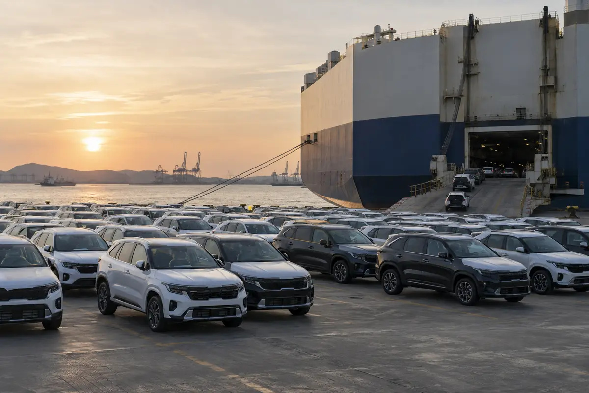 Cars awaiting export at a coastal terminal