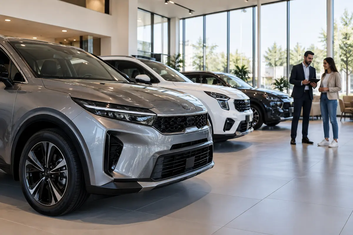 New cars displayed in a dealership showroom