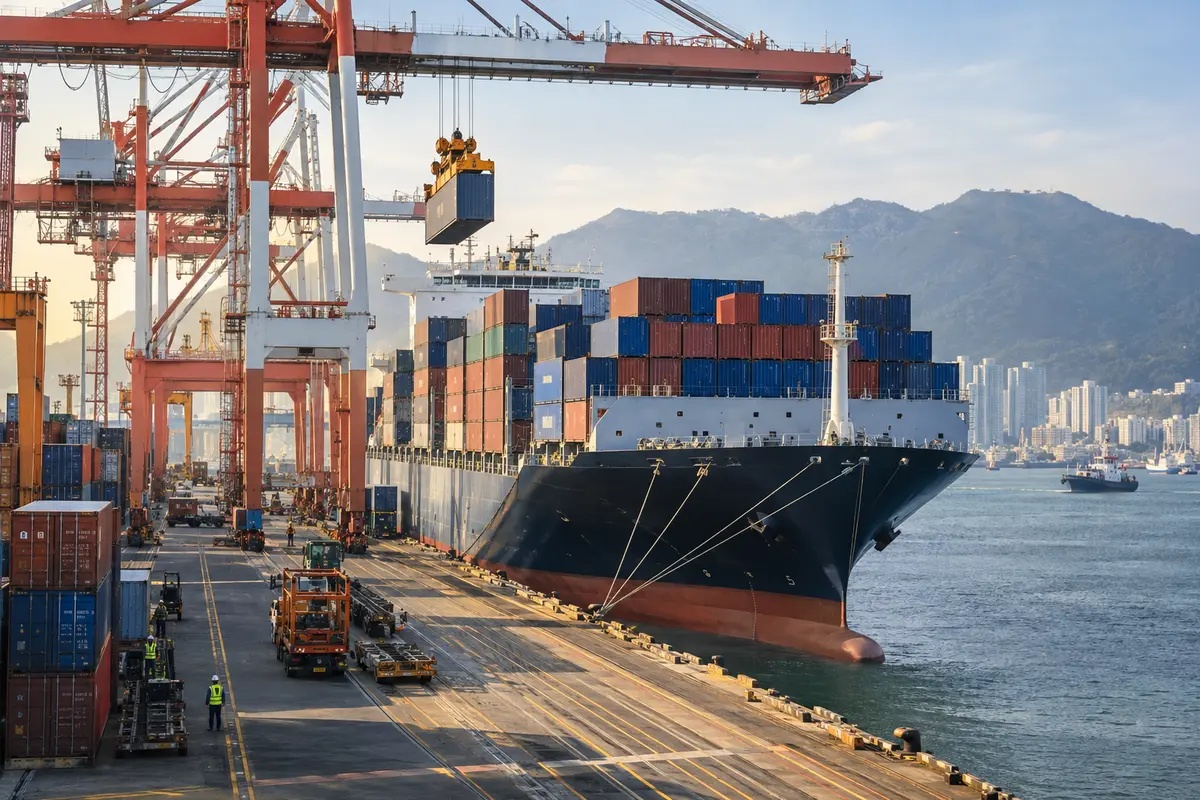 Container ship loading at a Korean port