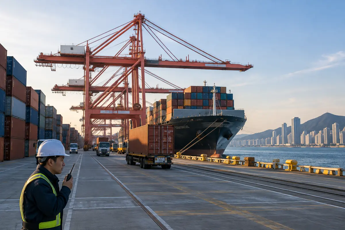 Export containers beside Korean port cranes