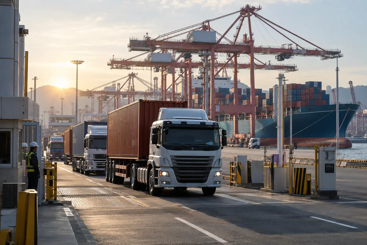 Freight trucks entering a Korean container terminal