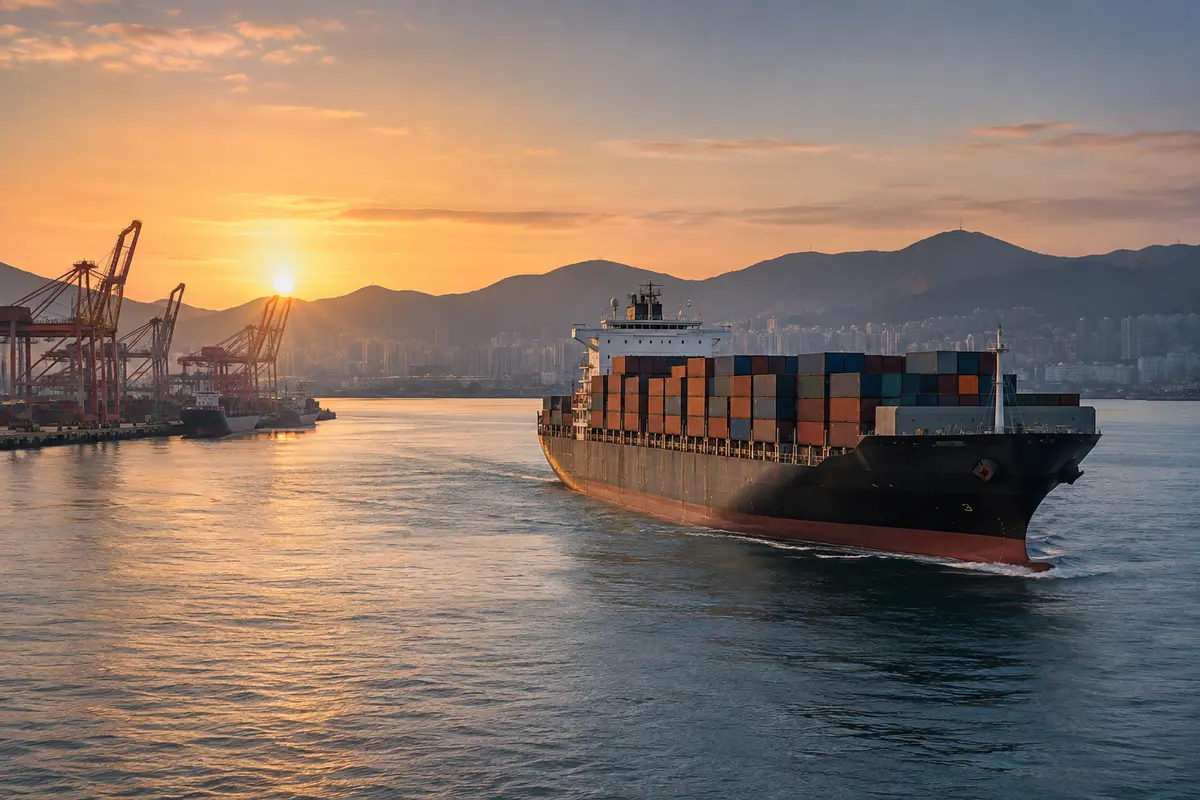 Container vessel departing a Korean harbour