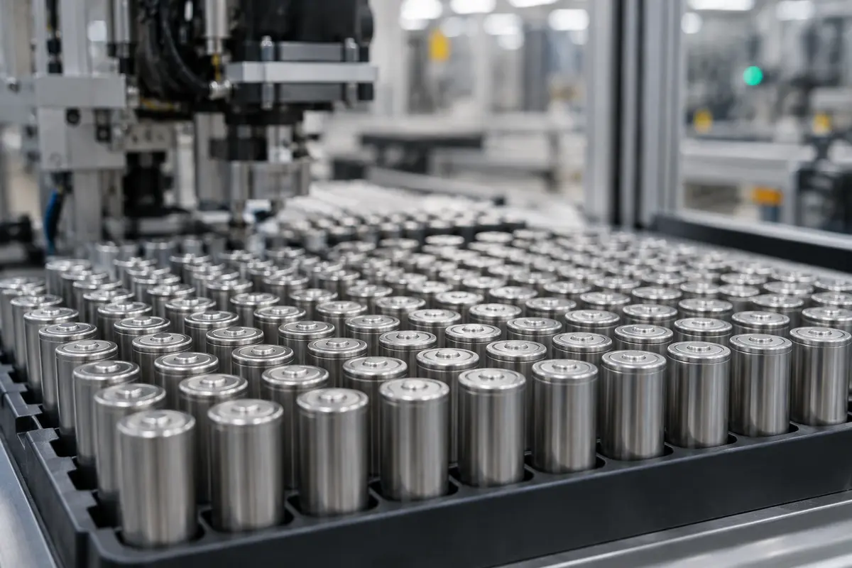 Cylindrical battery cells on a production tray