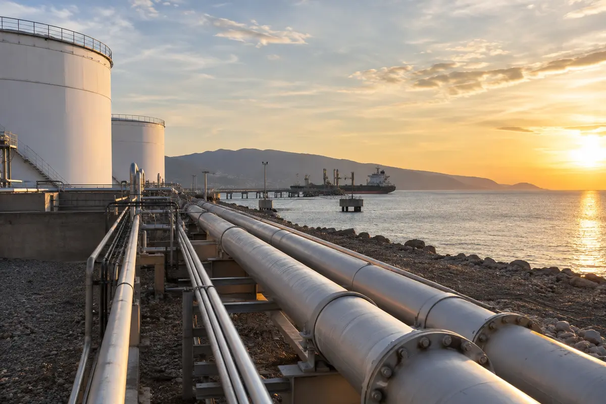 Oil terminal pipelines beside coastal storage tanks