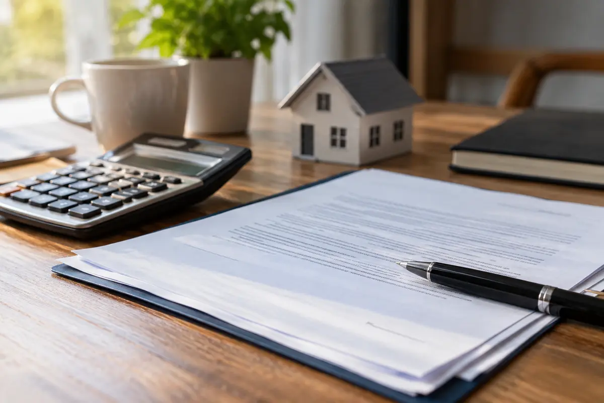 Loan paperwork beside a calculator and pen