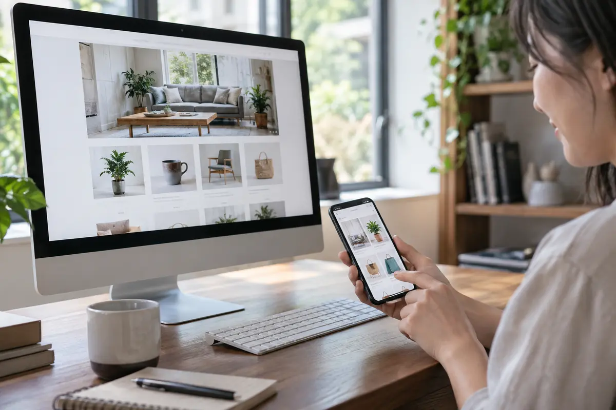 Online storefront on a desktop and smartphone