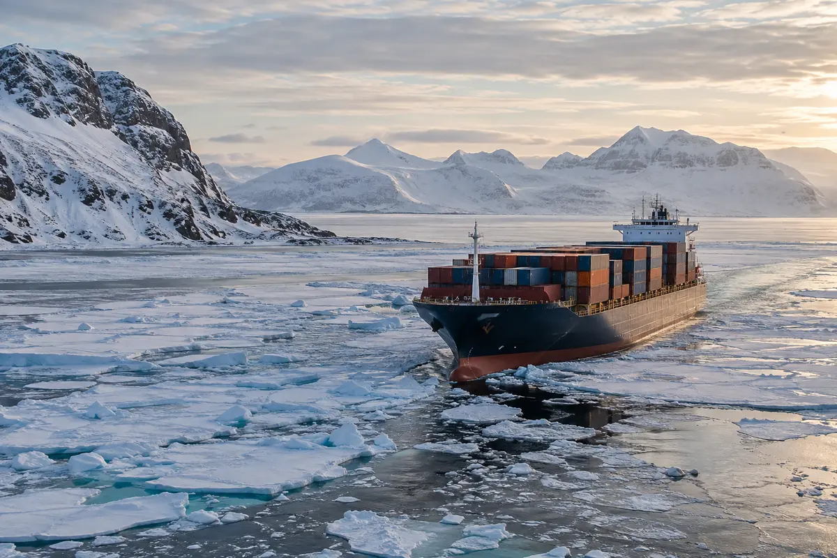Cargo vessel navigating an Arctic sea passage