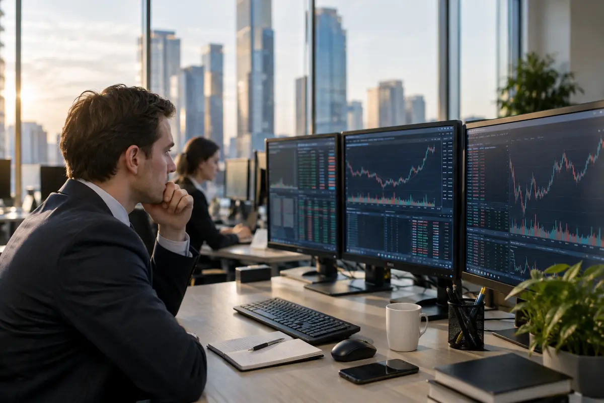 Financial market workstation with trading monitors