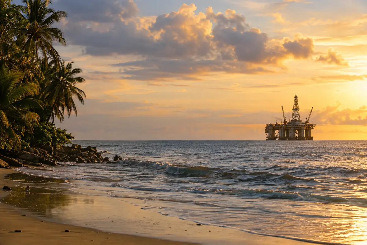 Offshore oil platform beyond a tropical coast