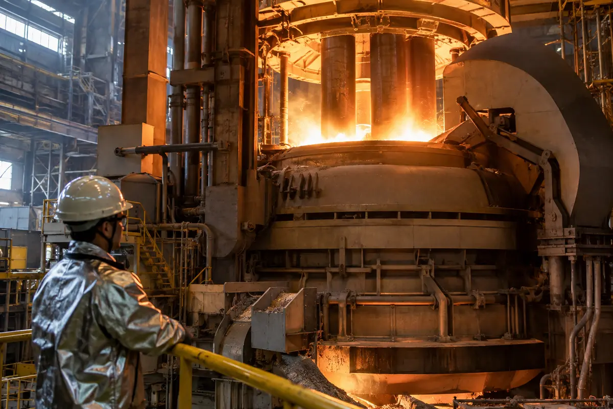 Electric arc furnace inside a steelworks