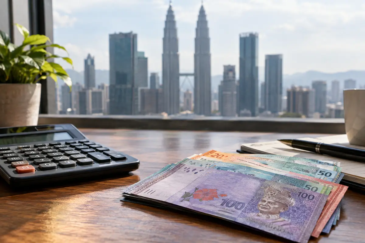 Malaysian ringgit banknotes beside a calculator