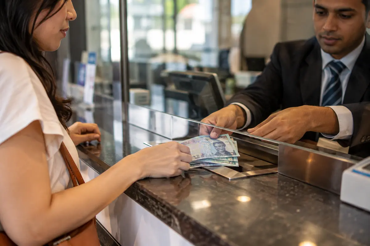 Ringgit banknotes at a currency exchange counter