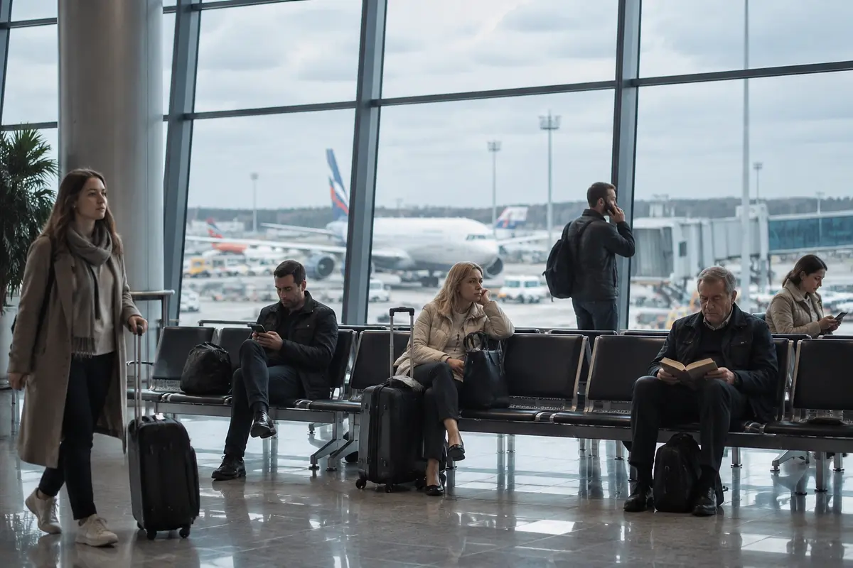 Passengers inside a Russian airport terminal