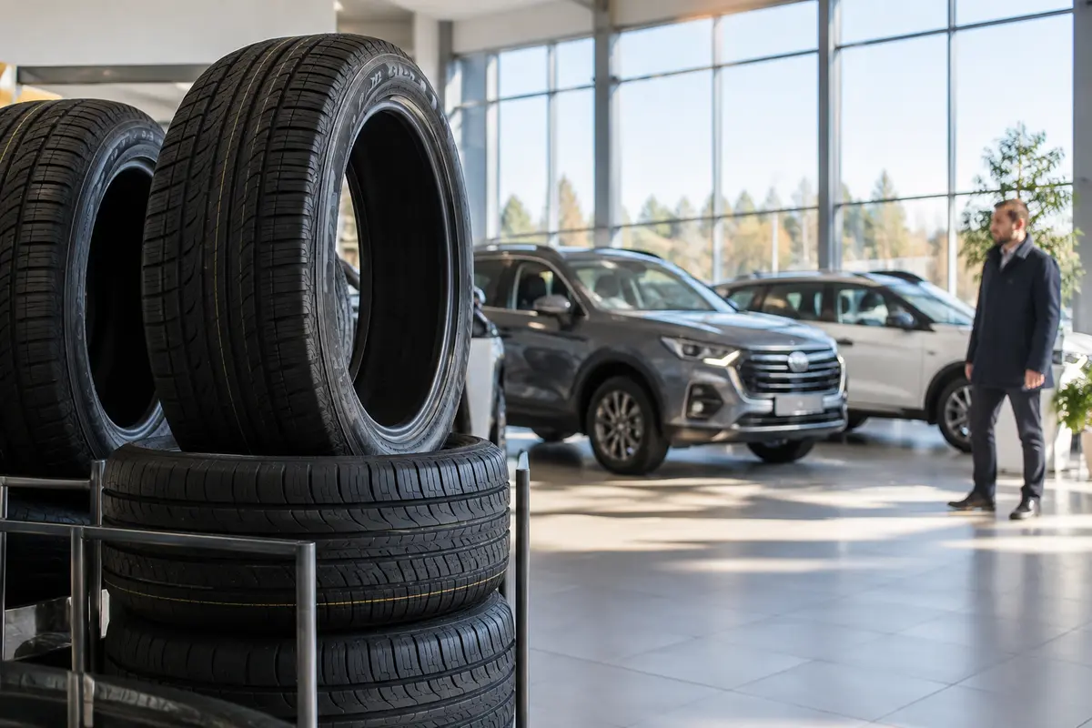 Car tyres displayed inside an automotive dealership