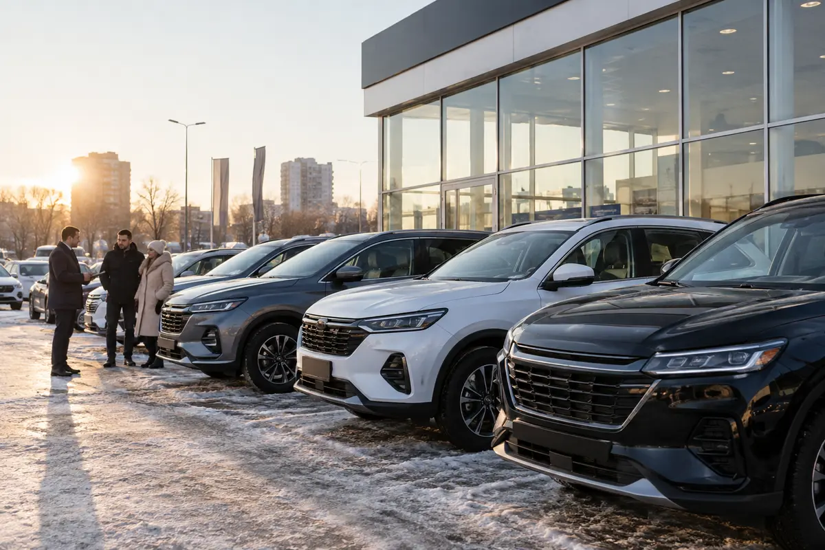 Passenger vehicles in a dealership forecourt
