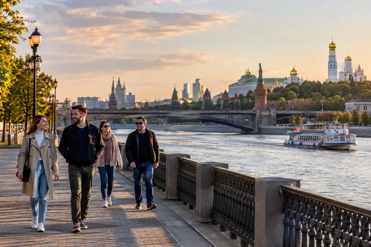 Travellers walking along a Russian riverside promenade