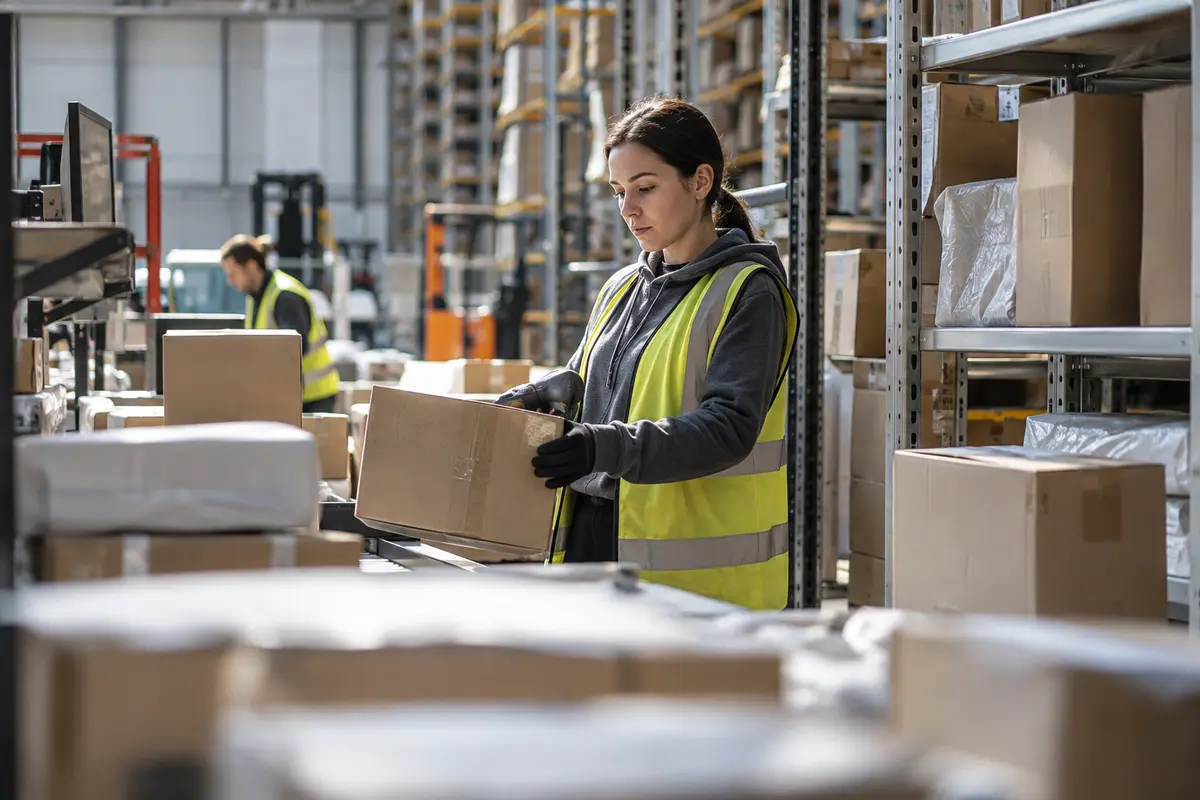 Parcels and shelving inside a fulfilment warehouse