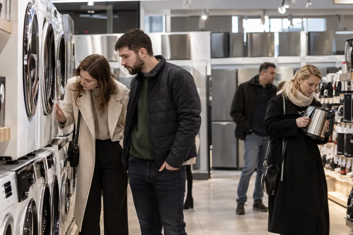 Shoppers browsing household appliances in a store