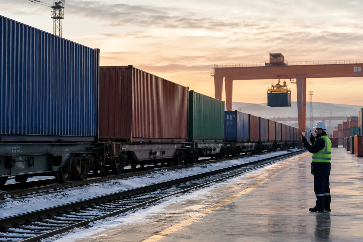 Freight containers at a cross-border rail terminal