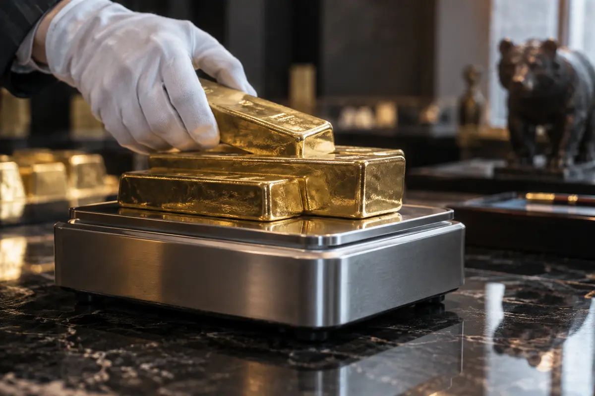 Gold bars on a precision weighing scale