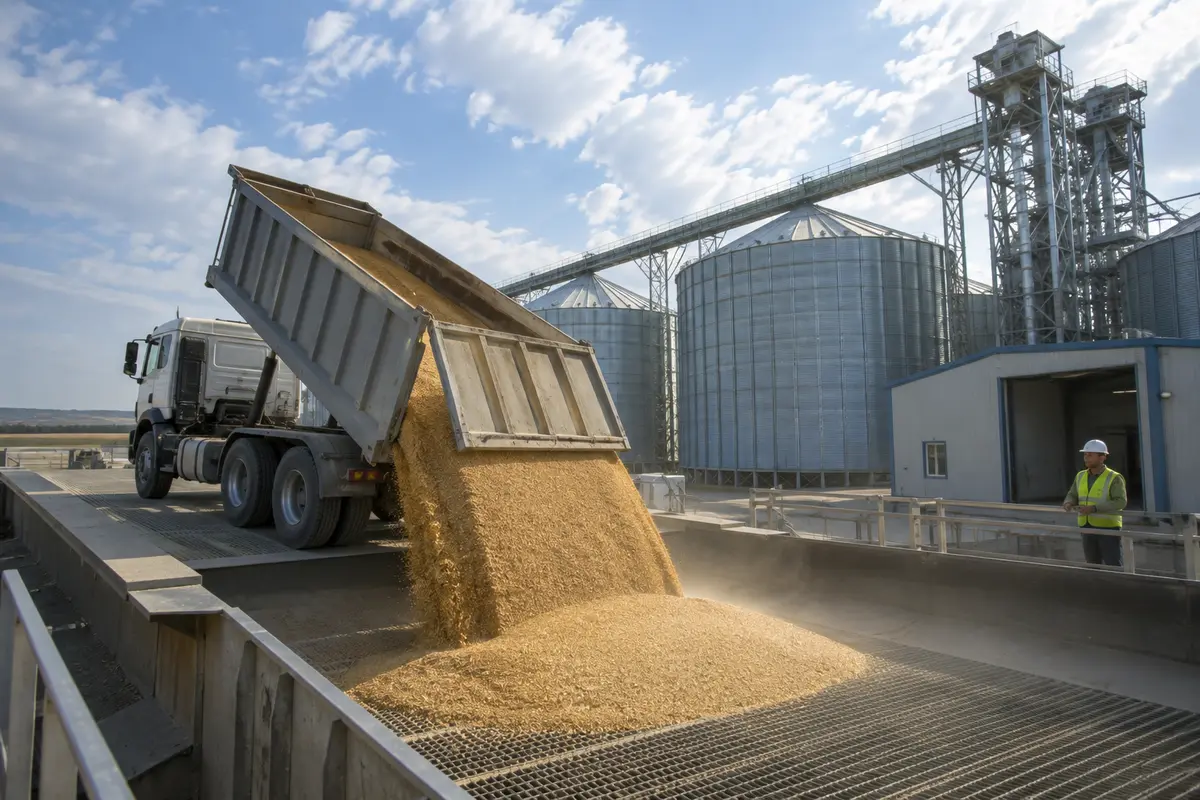 Freshly harvested grain arriving at storage silos