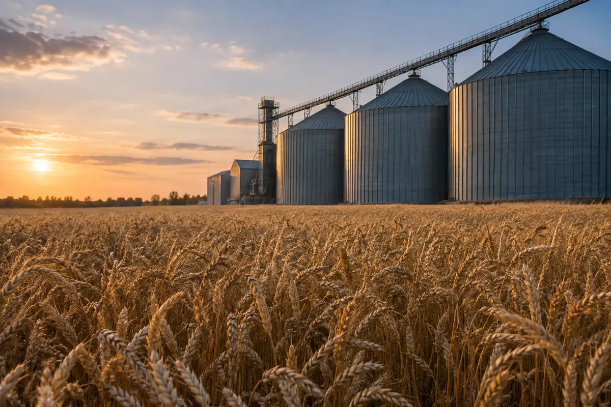 Wheat field beside grain storage silos
