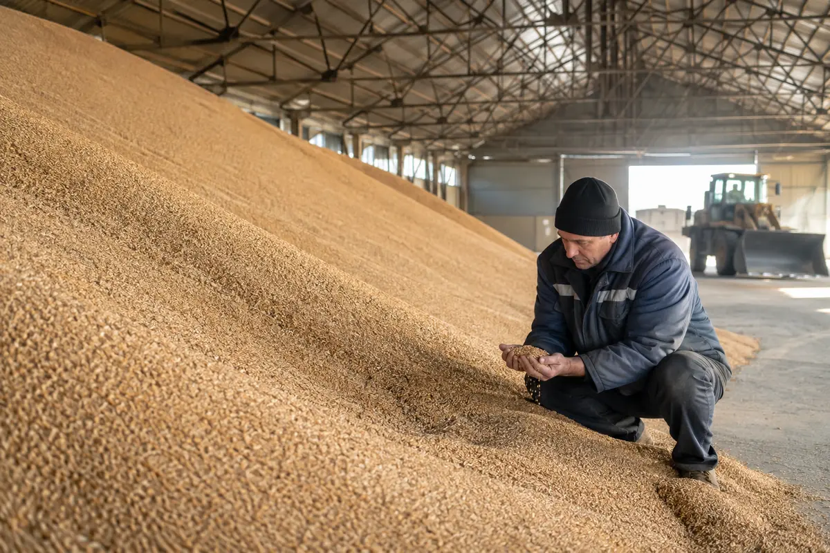 Grain stored inside a large agricultural warehouse