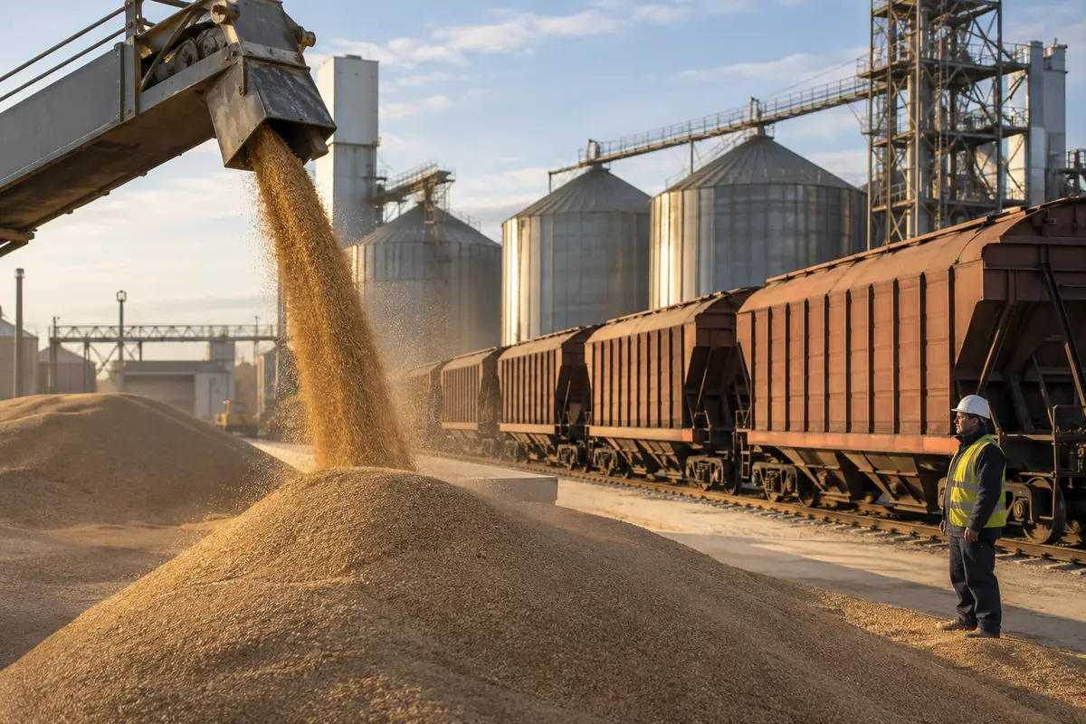 Grain loading equipment beside railway hopper wagons