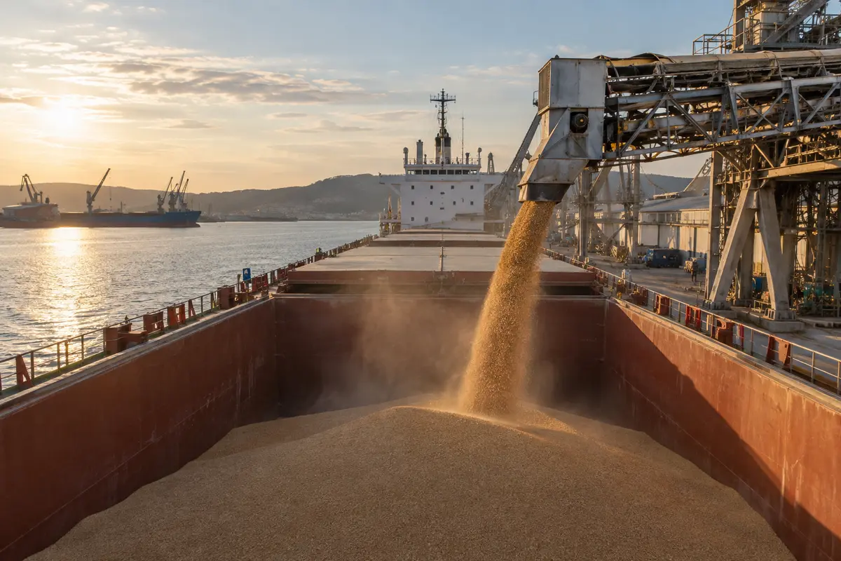 Grain conveyor loading a bulk cargo vessel