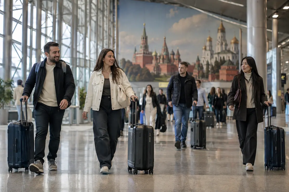 Visitors with luggage in a Russian terminal