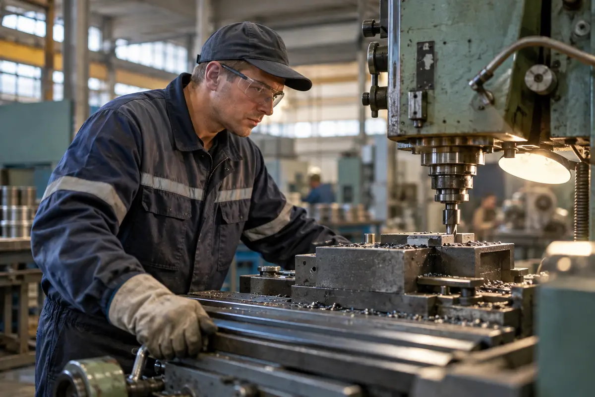 Factory worker operating a metalworking machine