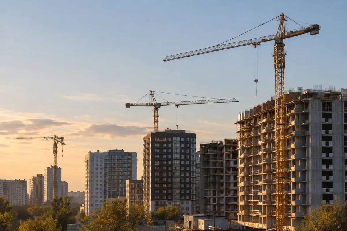 Residential construction cranes above apartment blocks