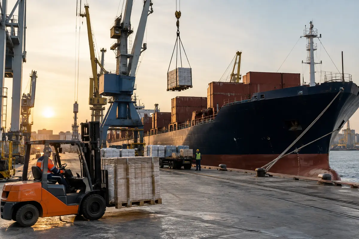 Manufactured goods loading at a seaport