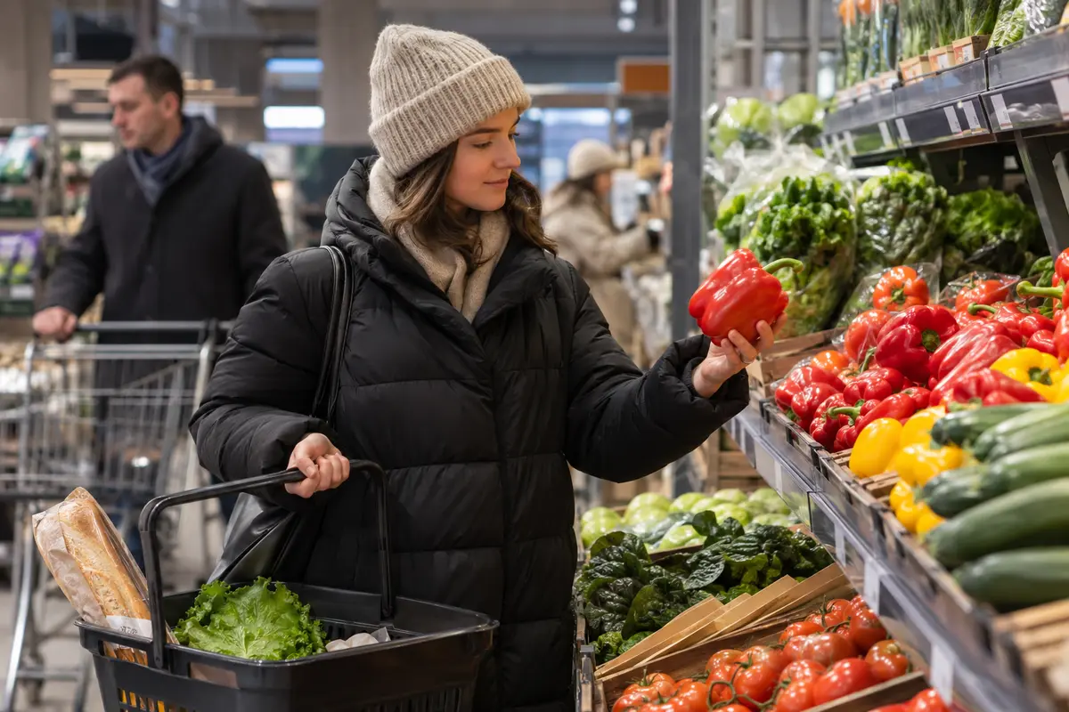 Customer selecting groceries in a Russian supermarket
