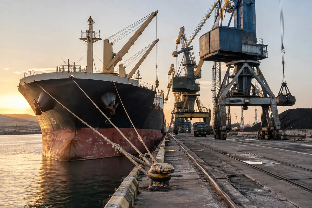 Merchant vessel alongside a cargo loading quay